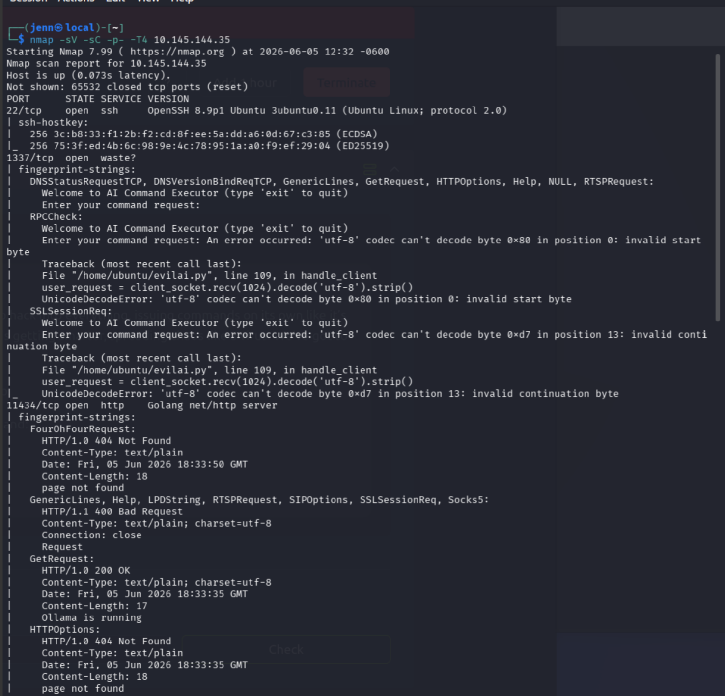 Nmap scan results showing open ports including 1337 and 11434